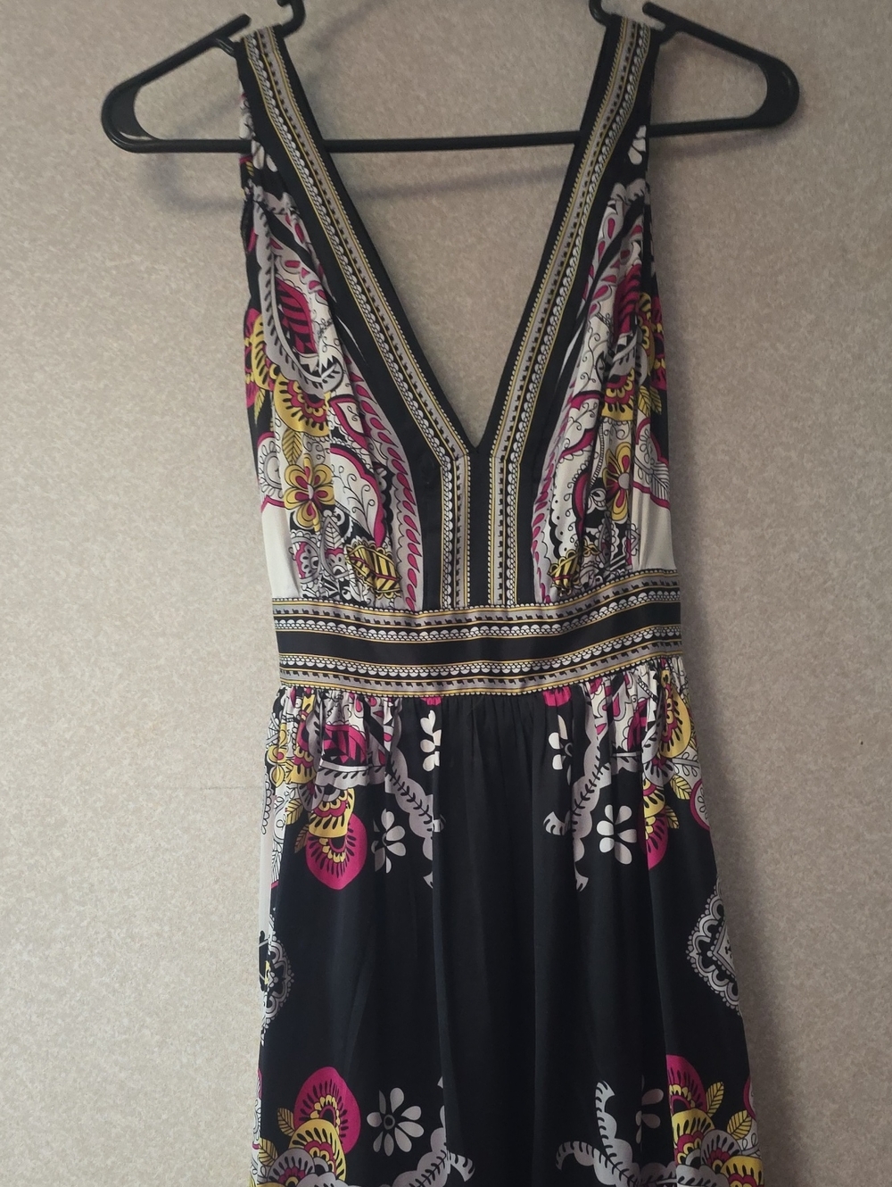 Women’s Black Floral V-Neck Maxi Dress with Pink & Yellow Accents